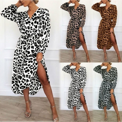 Fashion Women Leopard Print V Neck Wrap Dress Ladies Long Sleeve Midi Dress  | Walmart Canada